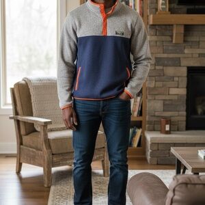 LL Bean Gray and Navy Pullover with Orange Accents
